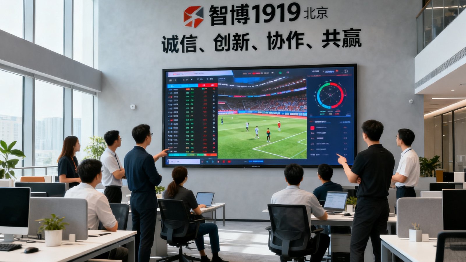 智博1919北京总部开放式办公区内，团队成员围绕大型屏幕讨论赛事数据，墙上挂着公司核心价值观标语。