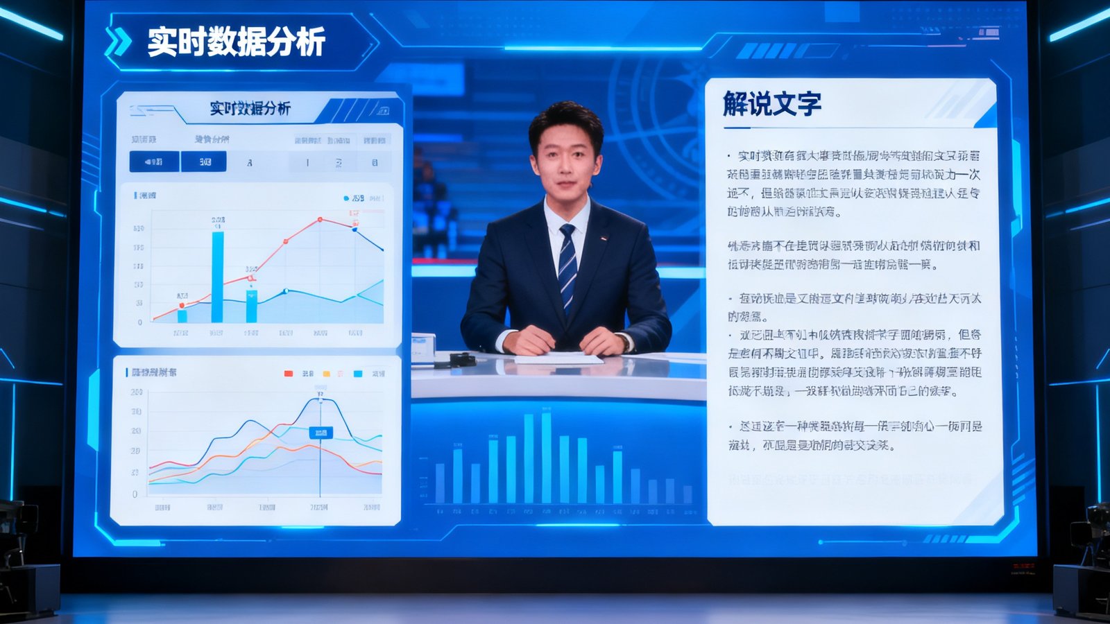 AI技术在现代体育赛事解说中的应用场景，大屏幕上显示实时数据分析界面与解说文字。