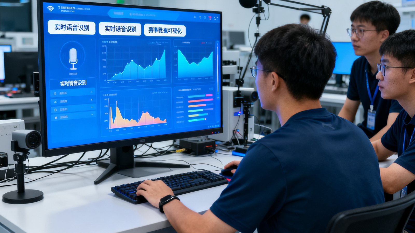 体育科技研发团队在实验室中围坐在电脑前测试AI赛事解说系统，屏幕上显示实时语音识别与数据可视化界面。